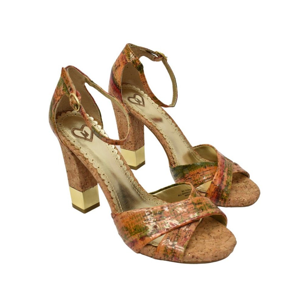 Sz 8 Cork & Gold Block Open-toe Block Heel